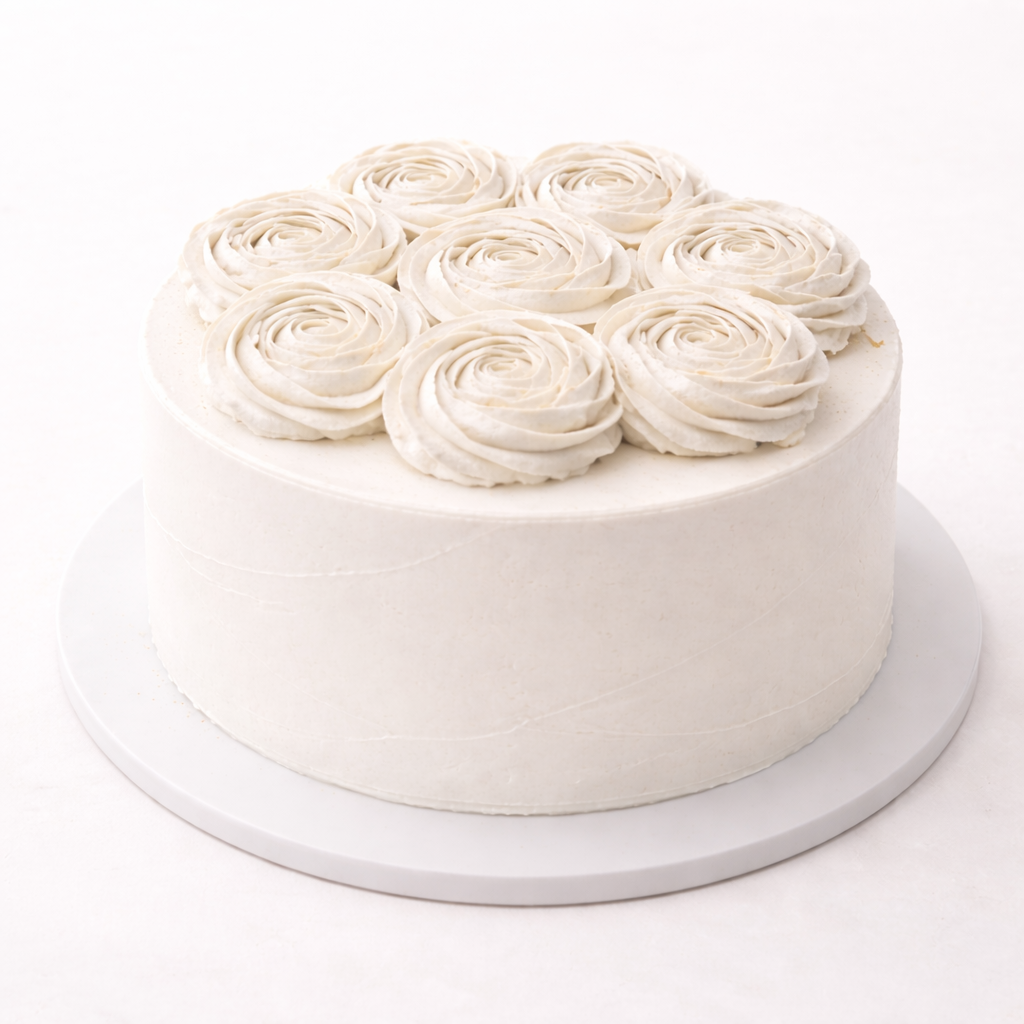 White cake with classic piped rosettes across the top