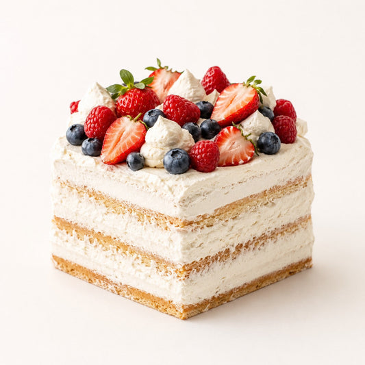 Baby Smash Cake, square three layer cake with maple whipped cream and fresh fruit