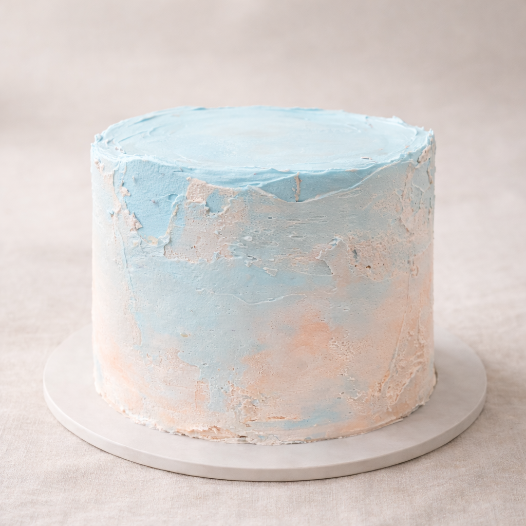 Smooth cake with a soft blue and peach watercolour finish