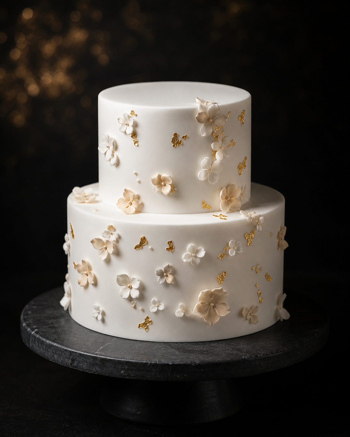 Two-tier white cake scattered with sugar flowers and gold leaf